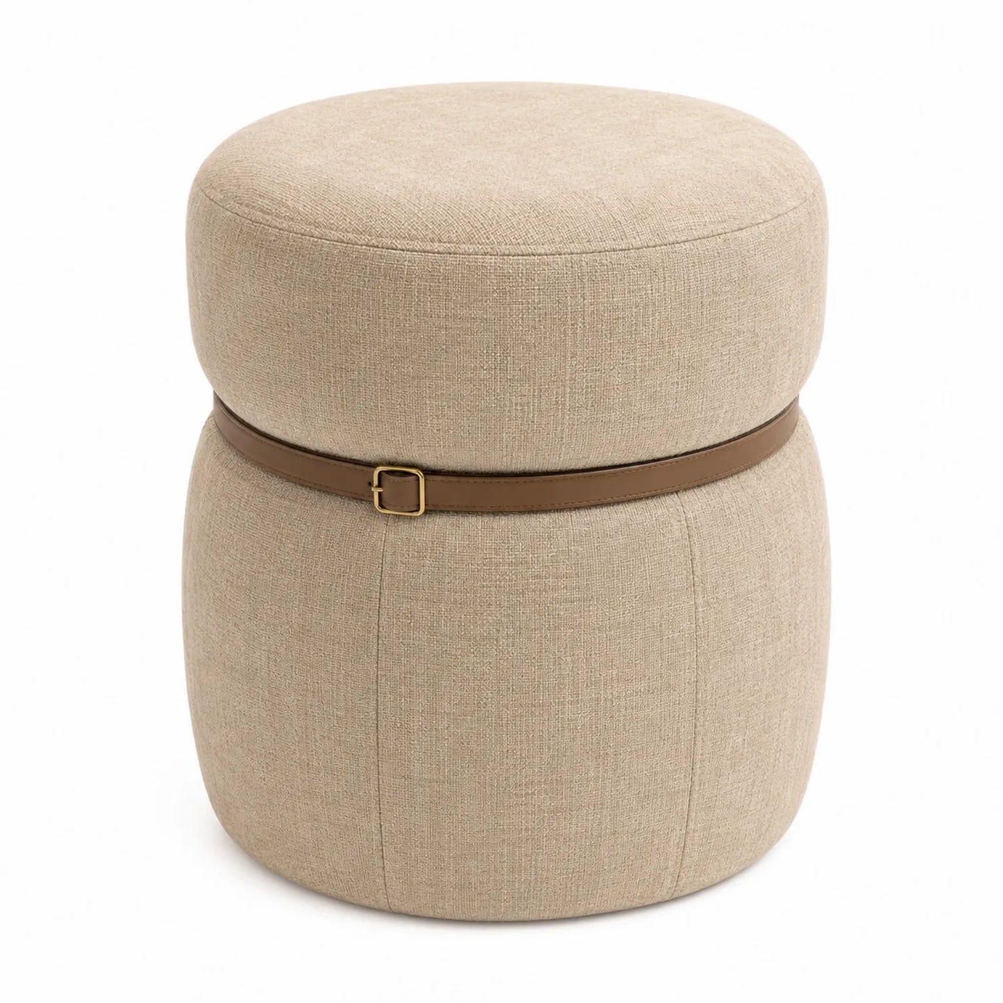 Runder Stoffhocker Beige mit Ledergürtel 45cm