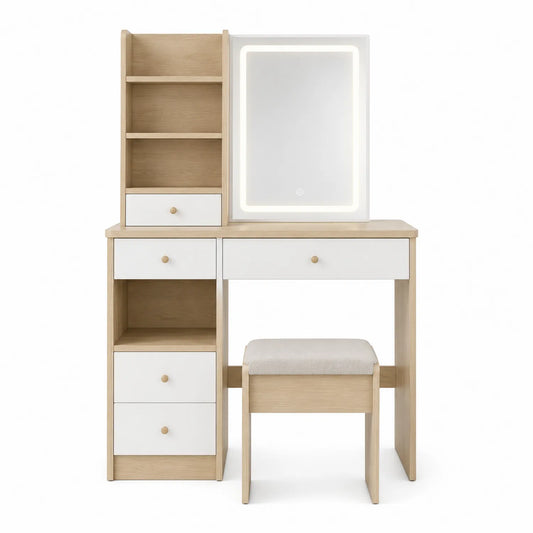 Schminktisch Set mit Spiegel LED Beleuchtung MDF Kiefernholz Weiß/Eiche