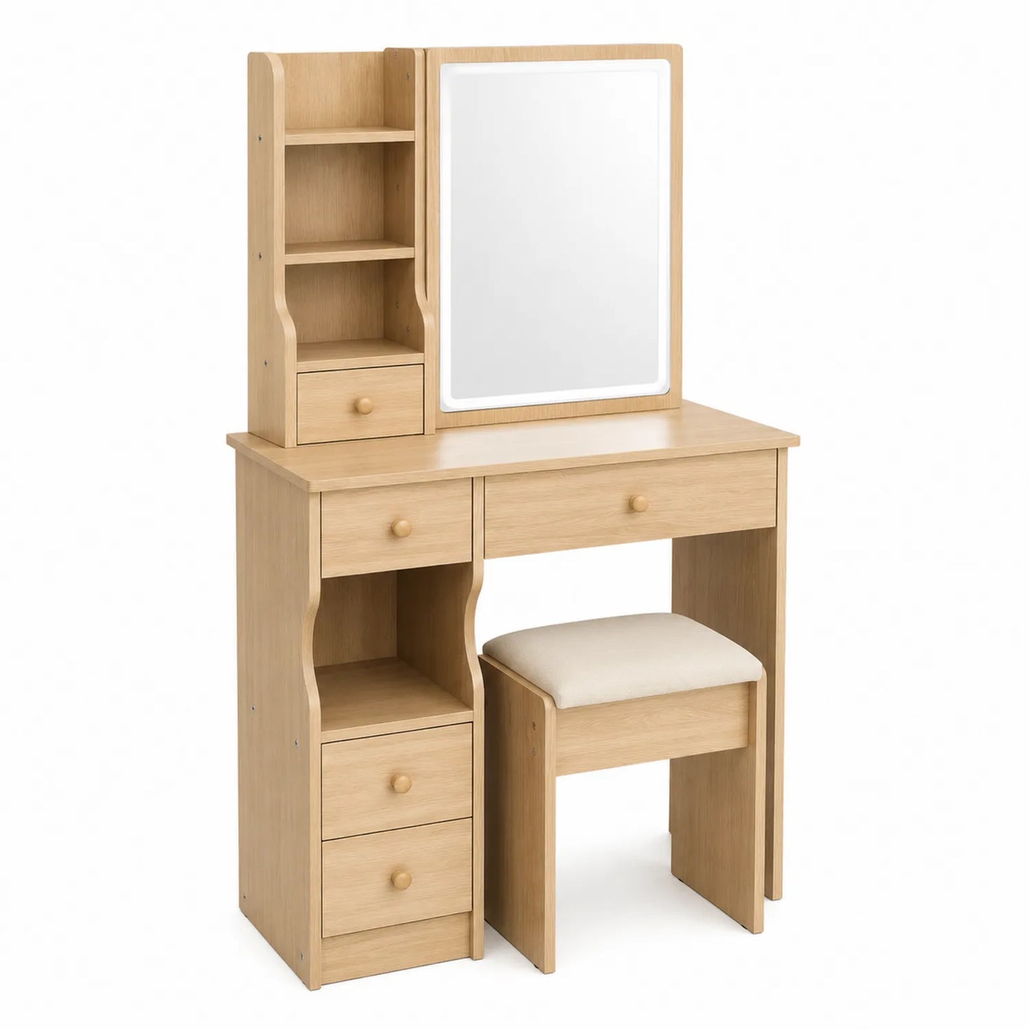 Frisiertisch-Set, Holz, Natur, mit Spiegel und Hocker