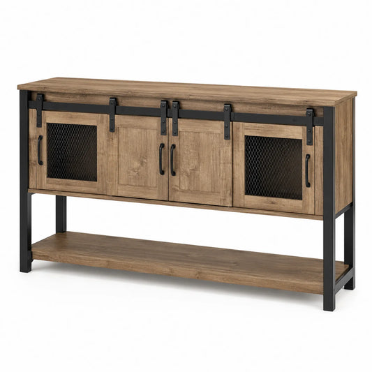 Sideboard aus MDF-Holzfaserplatte mit Metallrahmen und Schiebetüren, Eiche Braun/Schwarz