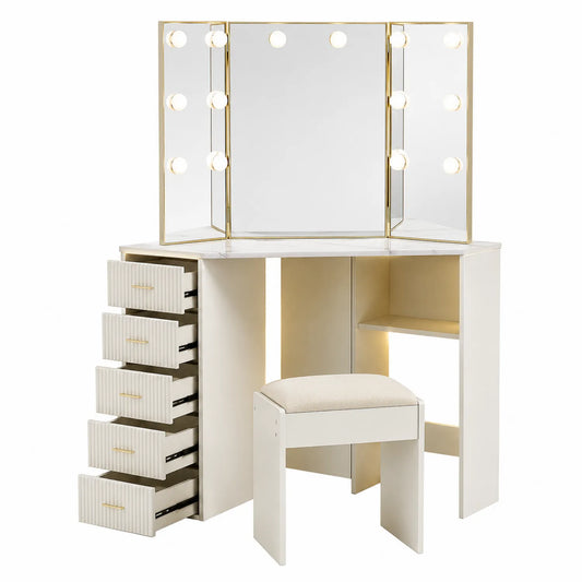 Eck-Schminktisch Set mit Spiegel und Hocker Cremeweiß